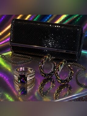 NIB Mystic Topaz Ring Size 8 + Rainbow Chain Hoops + Black Mesh Clutch Bundle